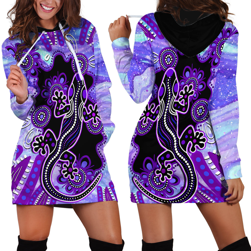 Australia Opal Hoodie Dress Aussie Lizard With Aboriginal Art - Purple - Vibe Hoodie Shop