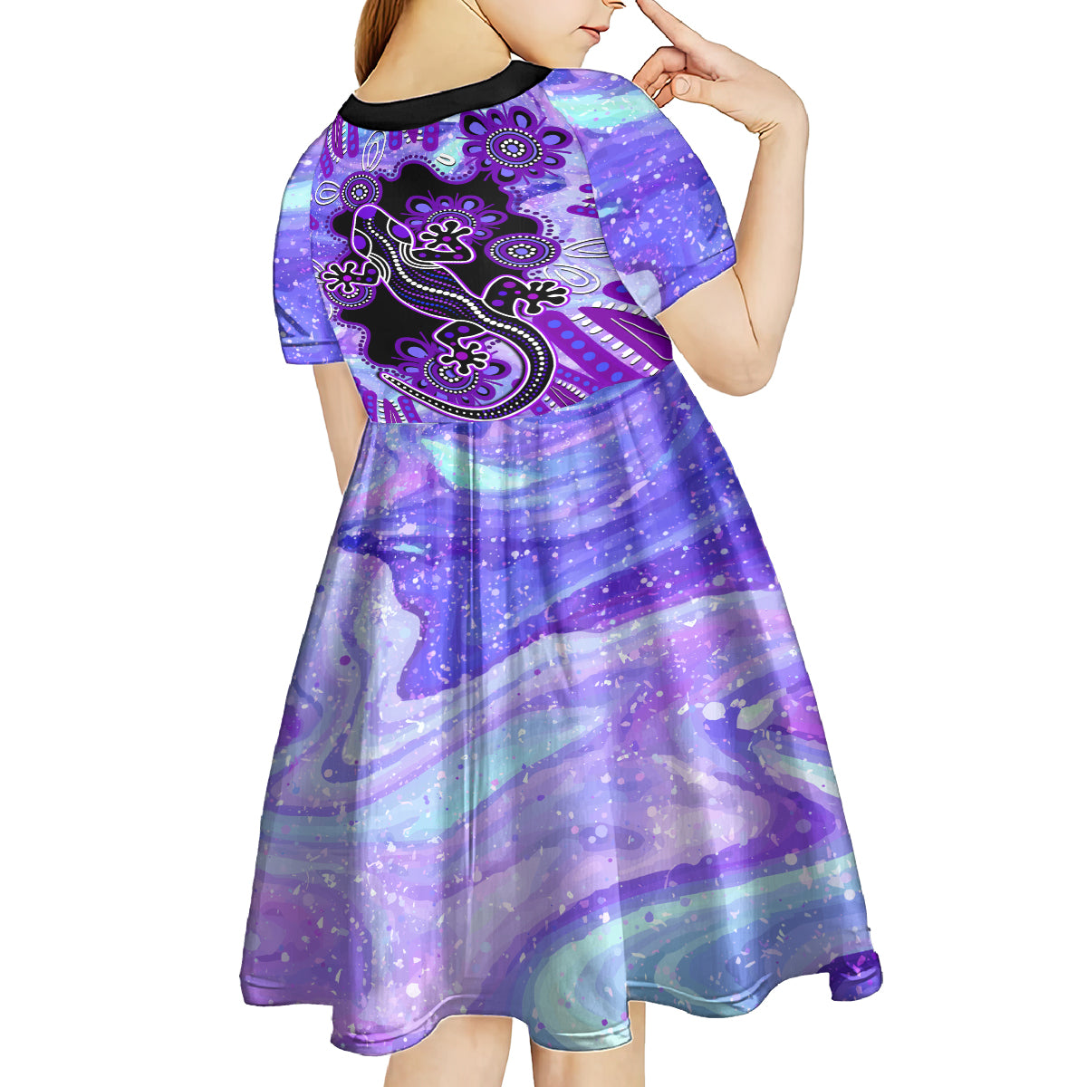 Australia Opal Kid Short Sleeve Dress Aussie Lizard With Aboriginal Art - Purple - Vibe Hoodie Shop