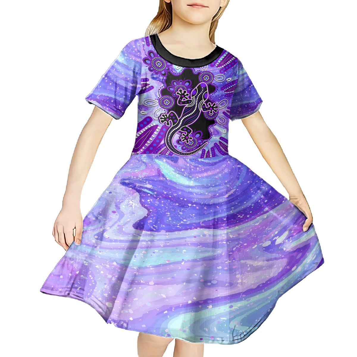 Australia Opal Kid Short Sleeve Dress Aussie Lizard With Aboriginal Art - Purple - Vibe Hoodie Shop