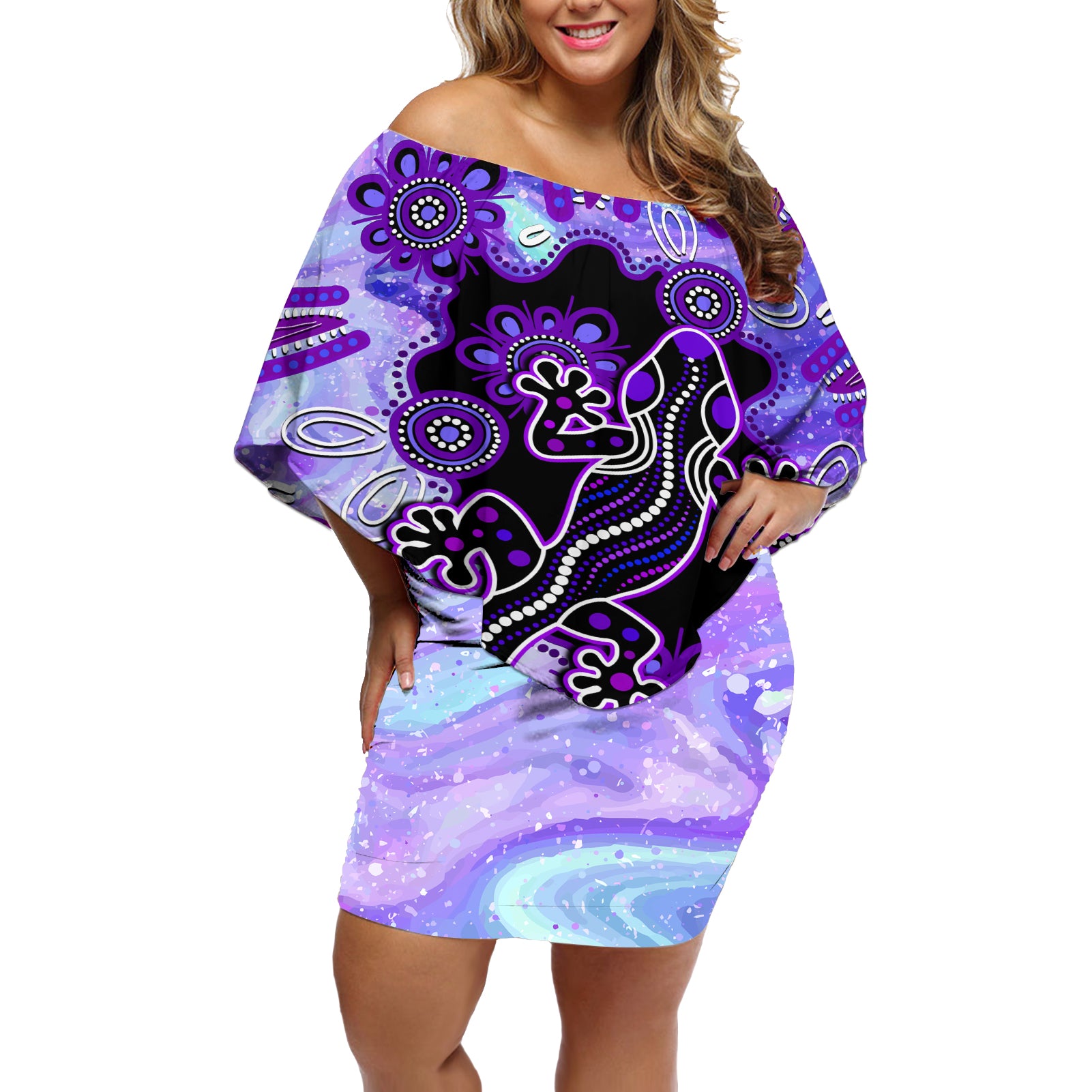 australia-opal-off-shoulder-short-dress-aussie-lizard-with-aboriginal-art-purple