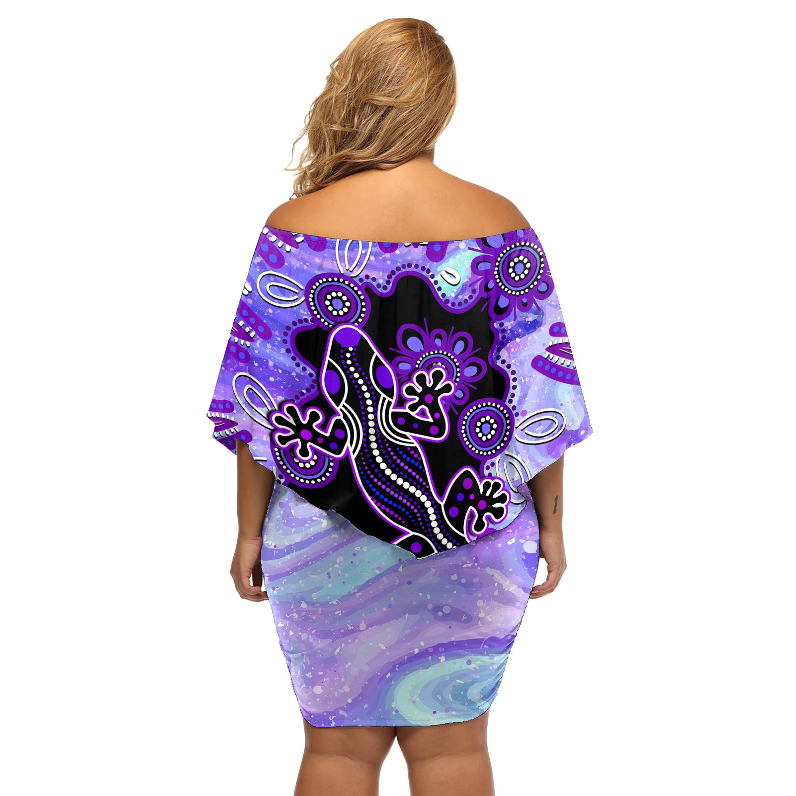 australia-opal-off-shoulder-short-dress-aussie-lizard-with-aboriginal-art-purple