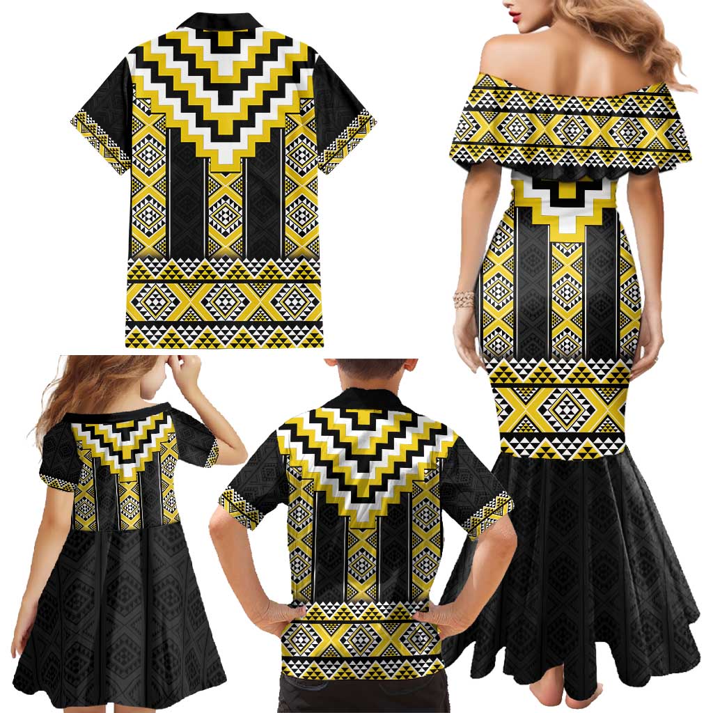 Yellow Taniko Aotearoa Family Matching Mermaid Dress and Hawaiian Shirt Niho Taniwha Mix Poutama