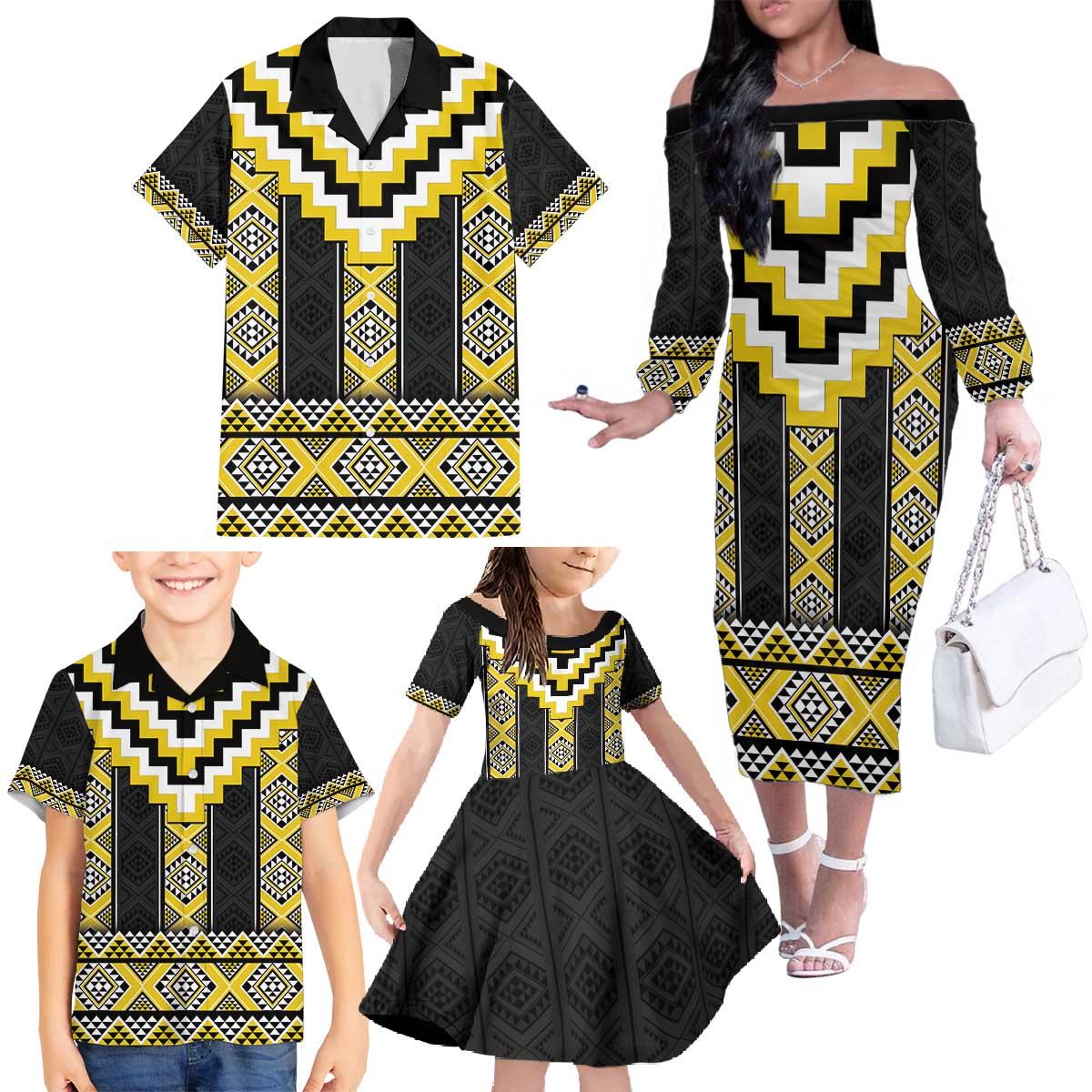 Yellow Taniko Aotearoa Family Matching Off The Shoulder Long Sleeve Dress and Hawaiian Shirt Niho Taniwha Mix Poutama