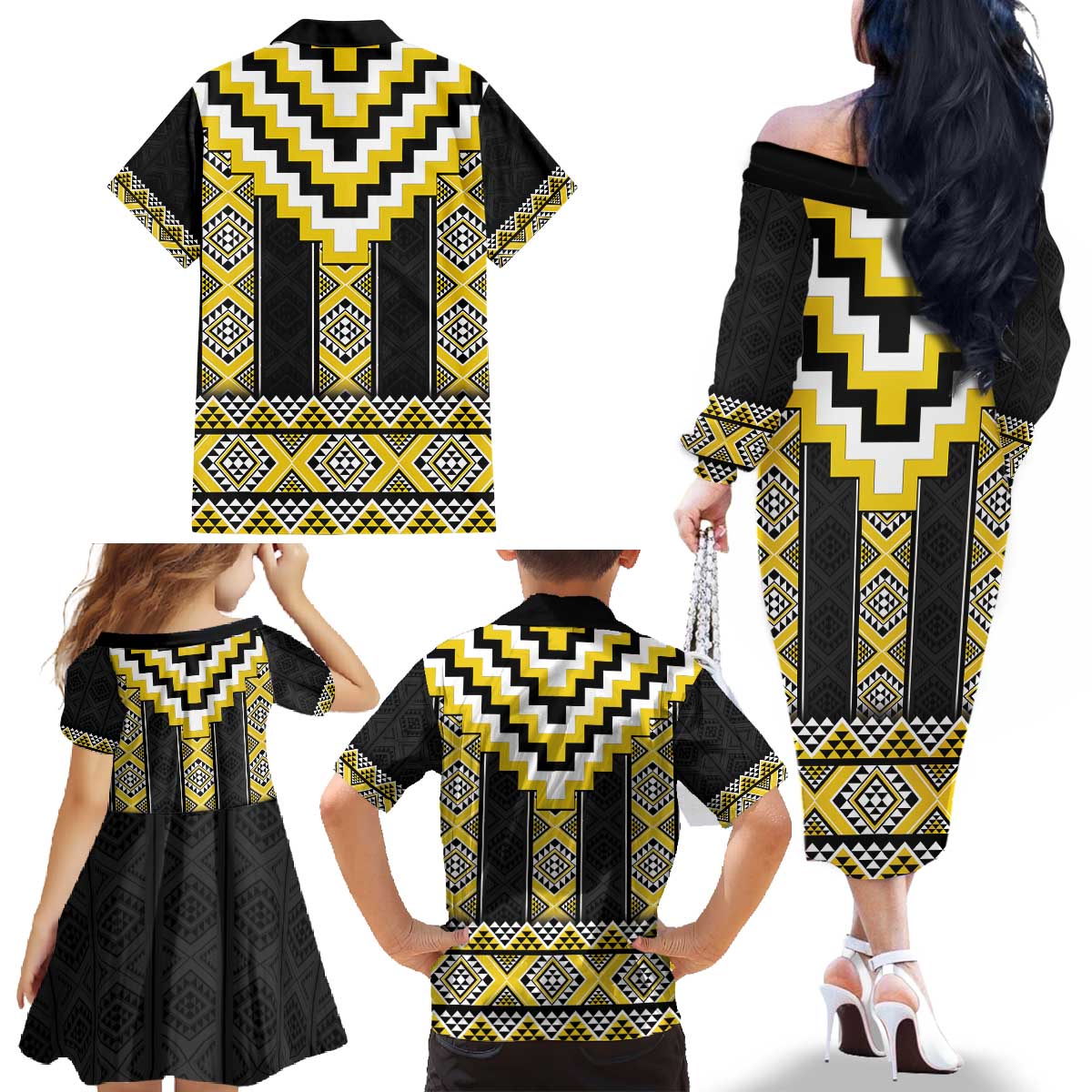 Yellow Taniko Aotearoa Family Matching Off The Shoulder Long Sleeve Dress and Hawaiian Shirt Niho Taniwha Mix Poutama