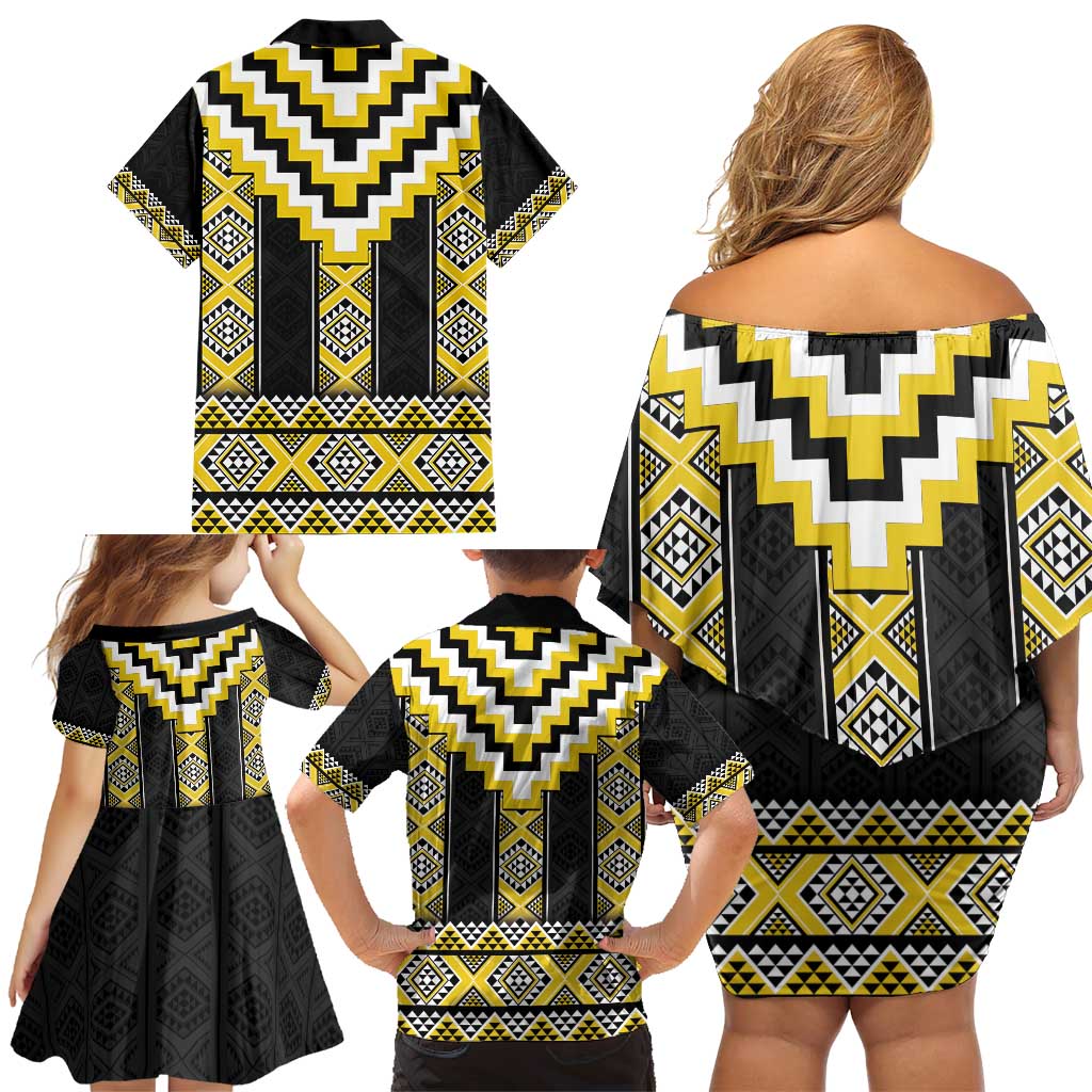 Yellow Taniko Aotearoa Family Matching Off Shoulder Short Dress and Hawaiian Shirt Niho Taniwha Mix Poutama