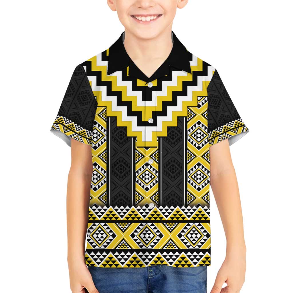 Yellow Taniko Aotearoa Family Matching Off Shoulder Short Dress and Hawaiian Shirt Niho Taniwha Mix Poutama