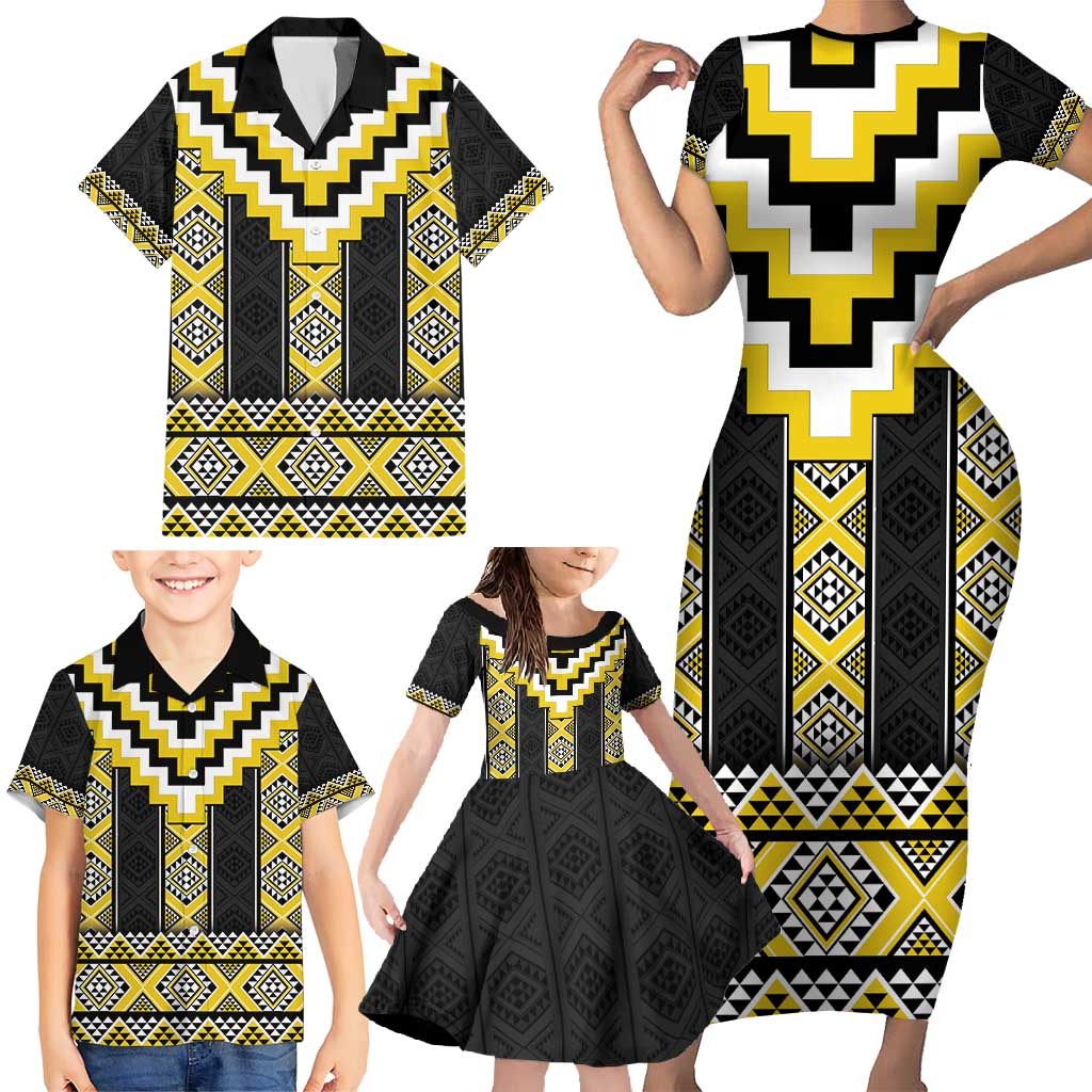 Yellow Taniko Aotearoa Family Matching Short Sleeve Bodycon Dress and Hawaiian Shirt Niho Taniwha Mix Poutama