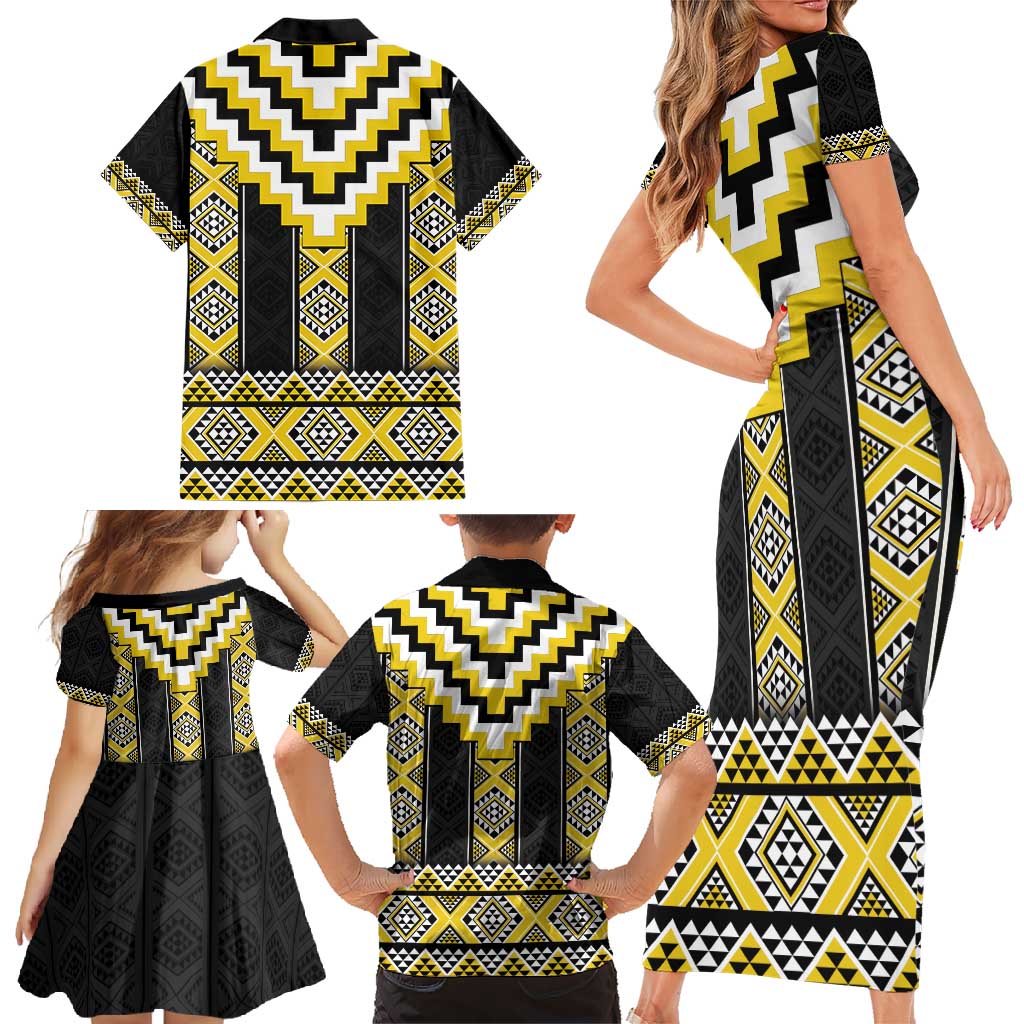 Yellow Taniko Aotearoa Family Matching Short Sleeve Bodycon Dress and Hawaiian Shirt Niho Taniwha Mix Poutama