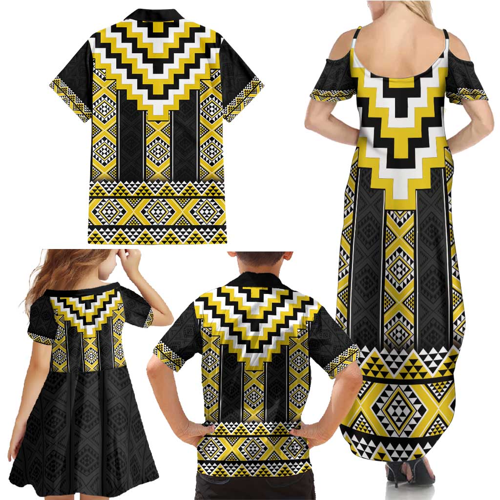 Yellow Taniko Aotearoa Family Matching Summer Maxi Dress and Hawaiian Shirt Niho Taniwha Mix Poutama