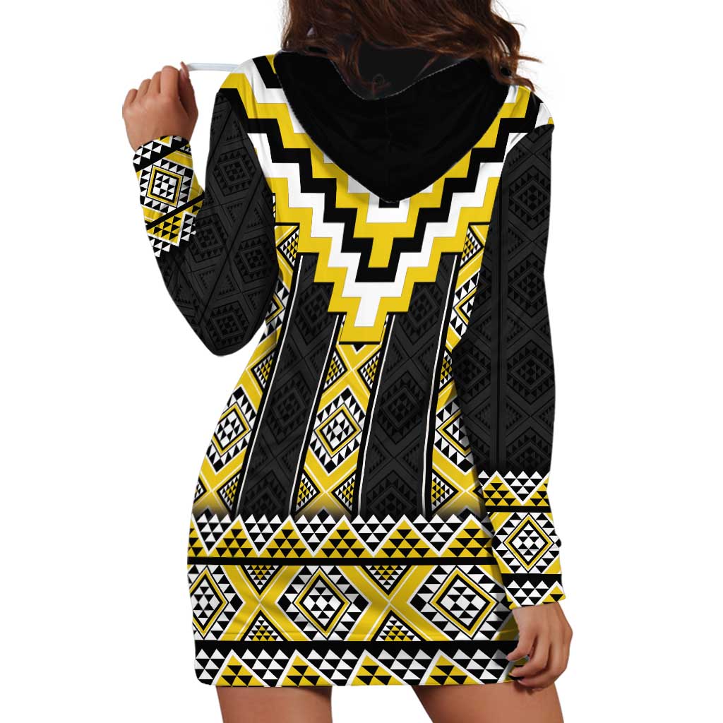 Yellow Taniko Aotearoa Hoodie Dress Niho Taniwha Mix Poutama - Vibe Hoodie Shop