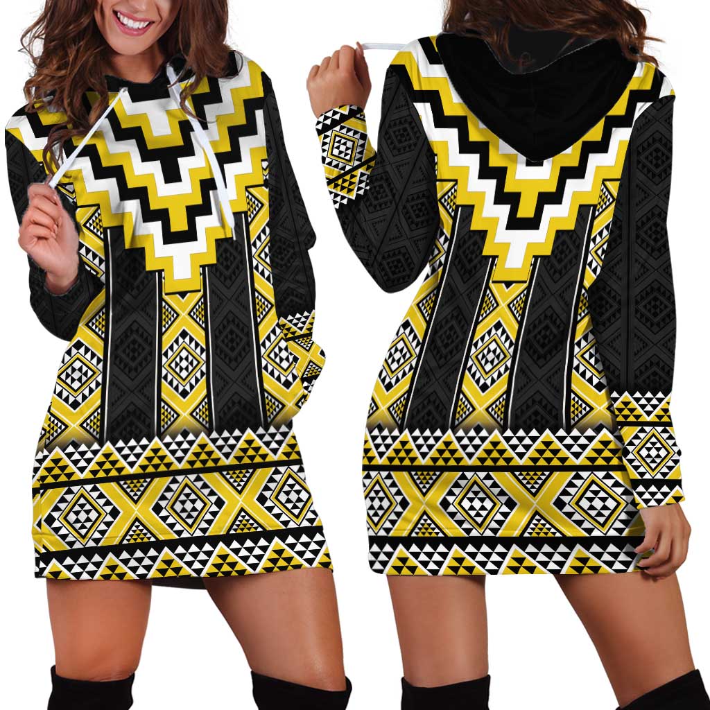 Yellow Taniko Aotearoa Hoodie Dress Niho Taniwha Mix Poutama - Vibe Hoodie Shop