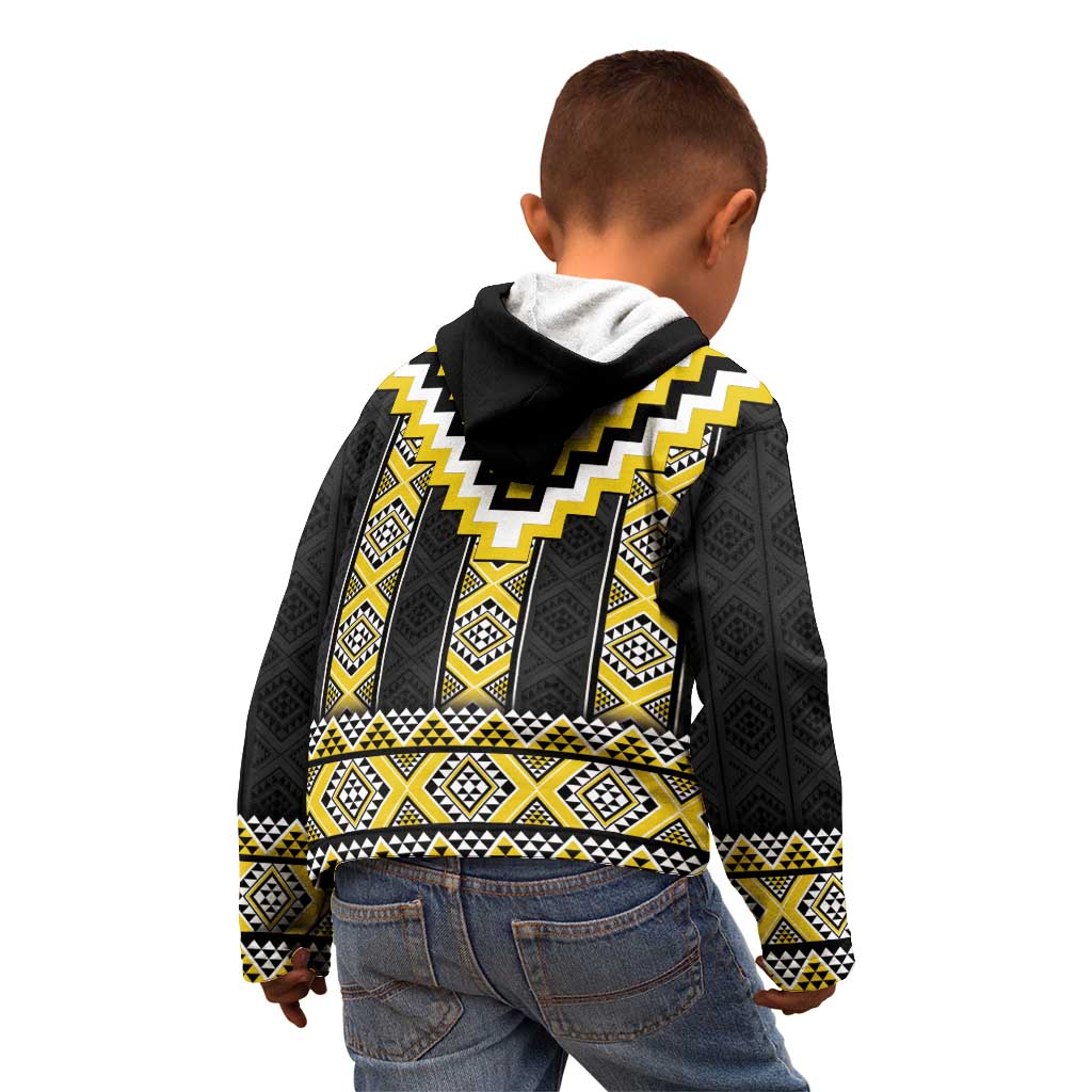 Yellow Taniko Aotearoa Kid Hoodie Niho Taniwha Mix Poutama - Vibe Hoodie Shop