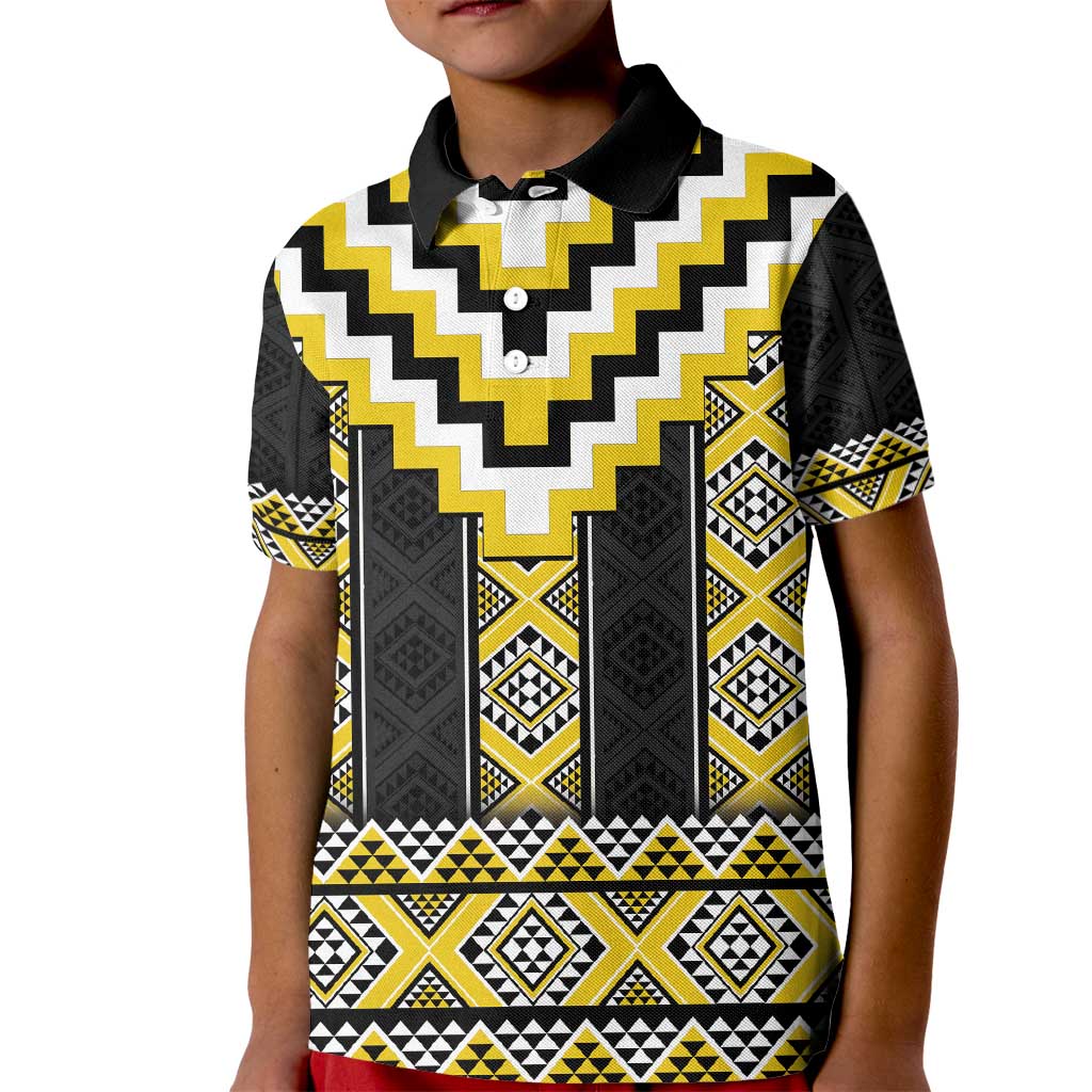 Yellow Taniko Aotearoa Kid Polo Shirt Niho Taniwha Mix Poutama - Vibe Hoodie Shop