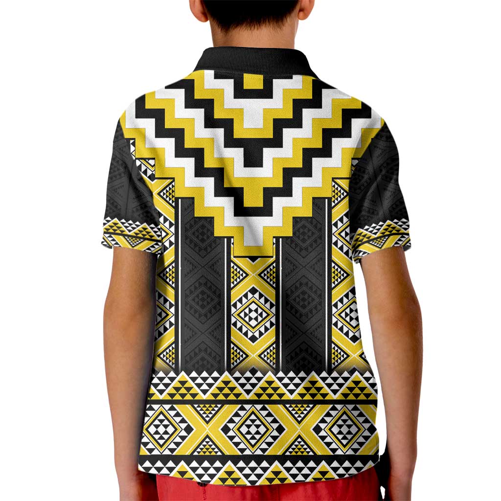 Yellow Taniko Aotearoa Kid Polo Shirt Niho Taniwha Mix Poutama - Vibe Hoodie Shop