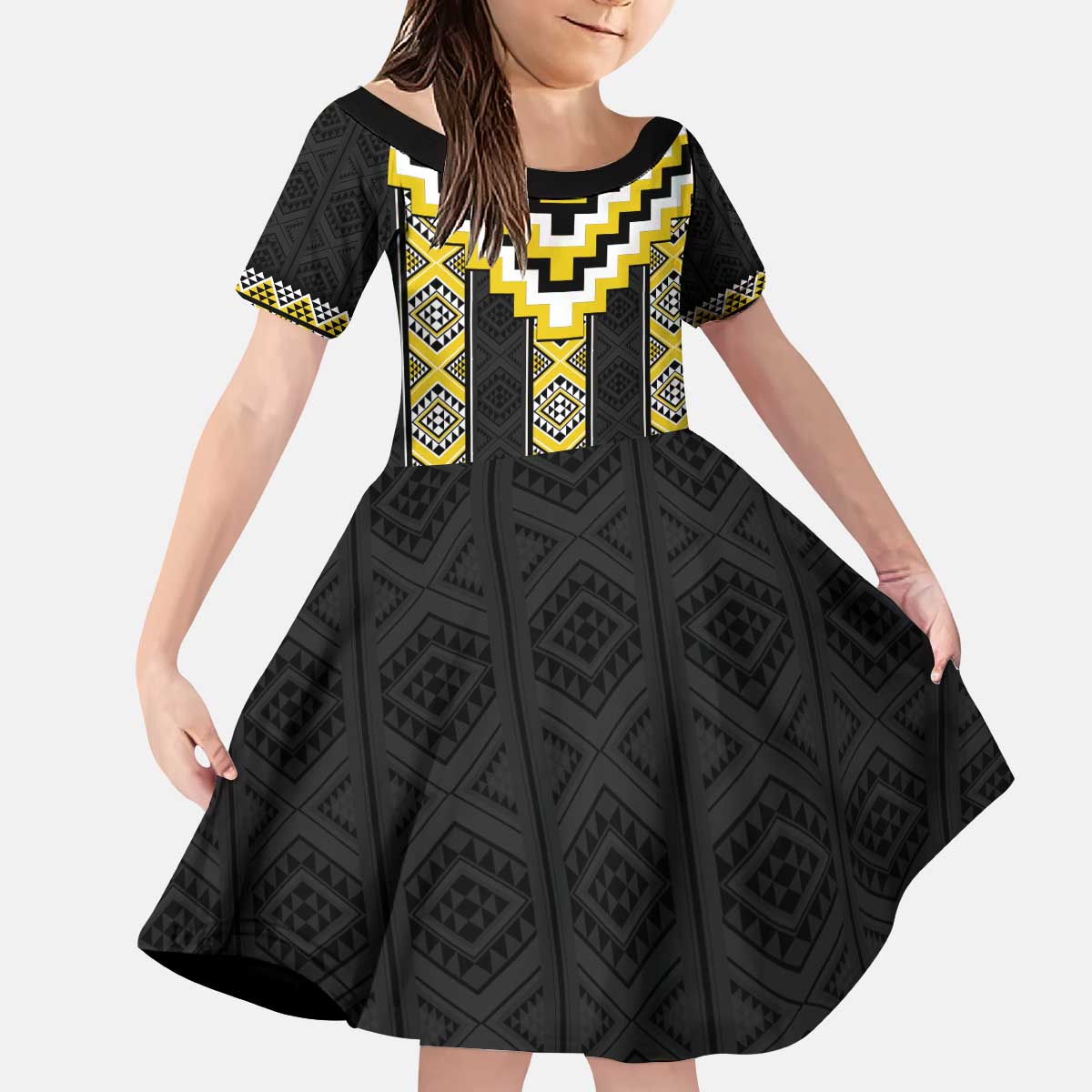 Yellow Taniko Aotearoa Kid Short Sleeve Dress Niho Taniwha Mix Poutama - Vibe Hoodie Shop