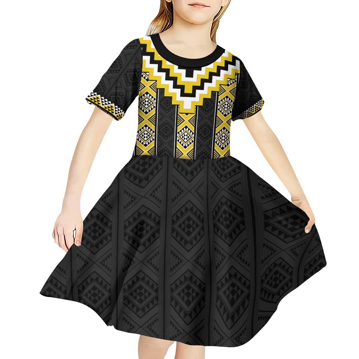 Yellow Taniko Aotearoa Kid Short Sleeve Dress Niho Taniwha Mix Poutama - Vibe Hoodie Shop