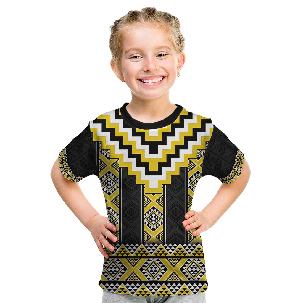 Yellow Taniko Aotearoa Kid T Shirt Niho Taniwha Mix Poutama - Vibe Hoodie Shop