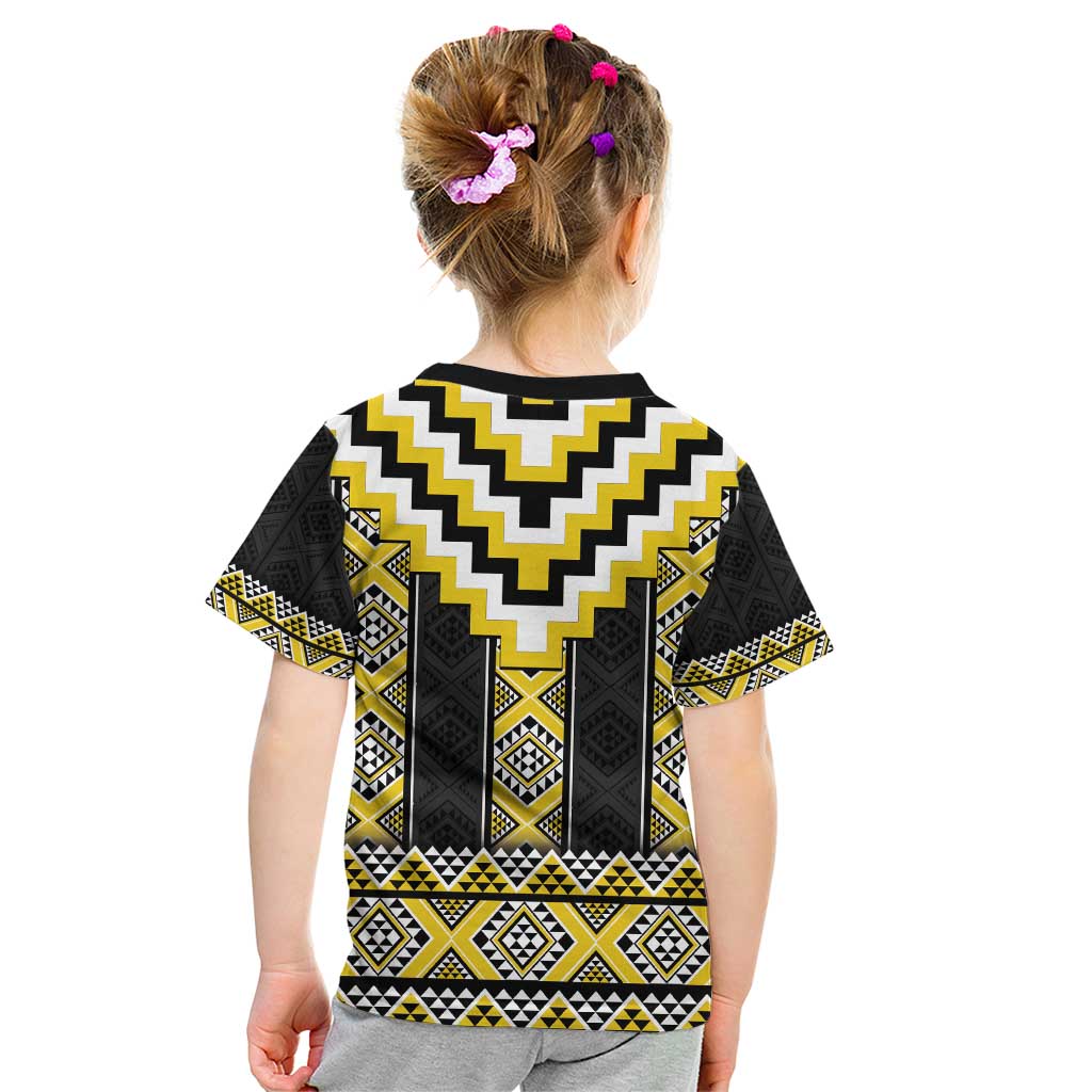 Yellow Taniko Aotearoa Kid T Shirt Niho Taniwha Mix Poutama - Vibe Hoodie Shop