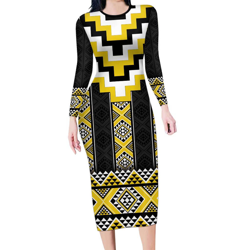 Yellow Taniko Aotearoa Long Sleeve Bodycon Dress Niho Taniwha Mix Poutama