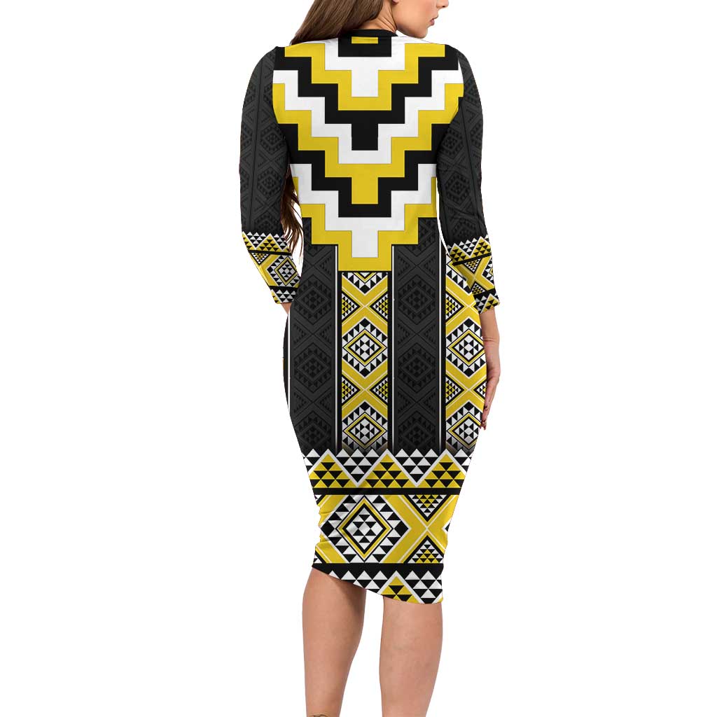 Yellow Taniko Aotearoa Long Sleeve Bodycon Dress Niho Taniwha Mix Poutama