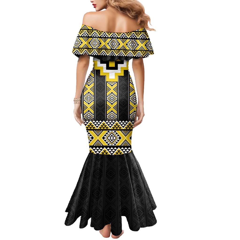 Yellow Taniko Aotearoa Mermaid Dress Niho Taniwha Mix Poutama