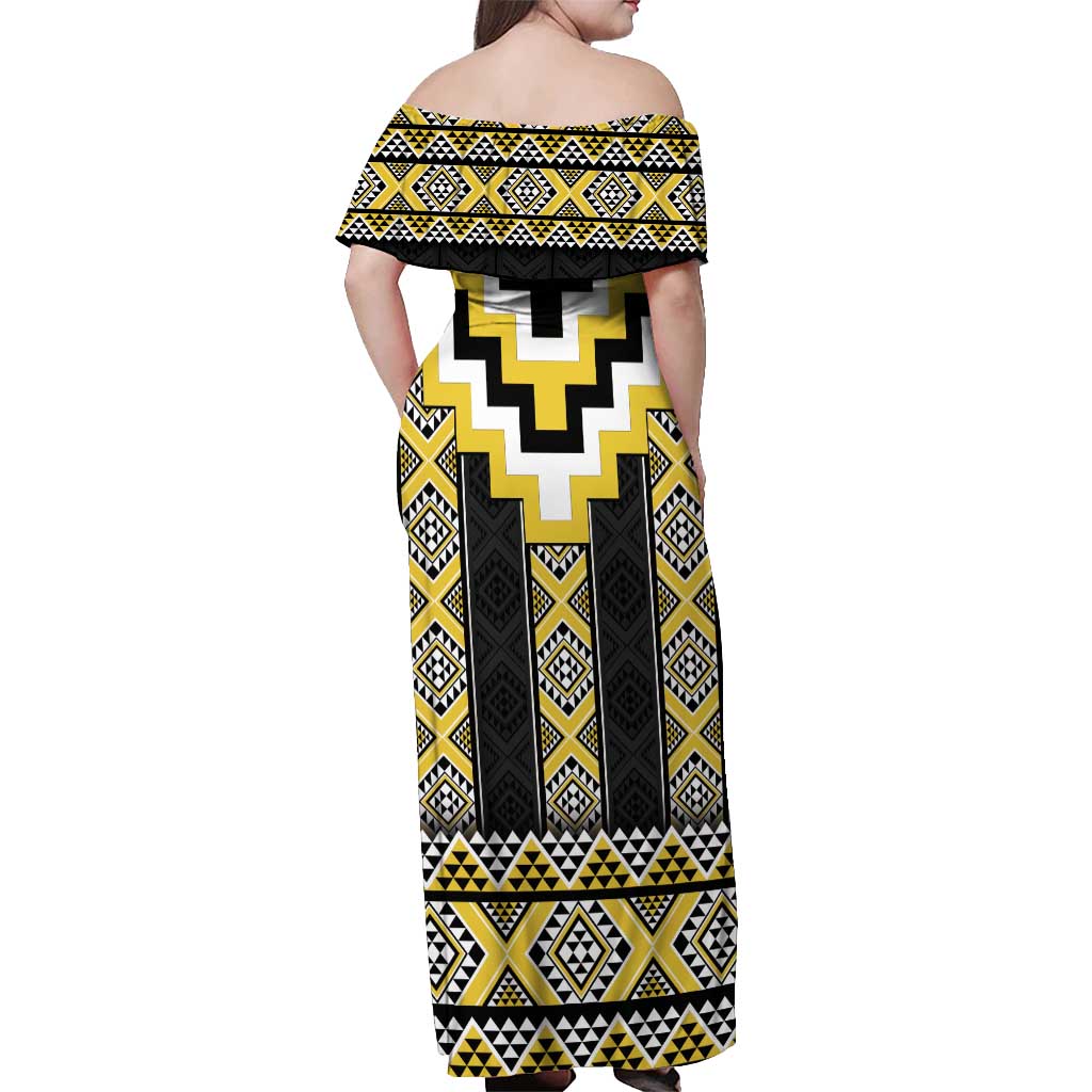 Yellow Taniko Aotearoa Off Shoulder Maxi Dress Niho Taniwha Mix Poutama