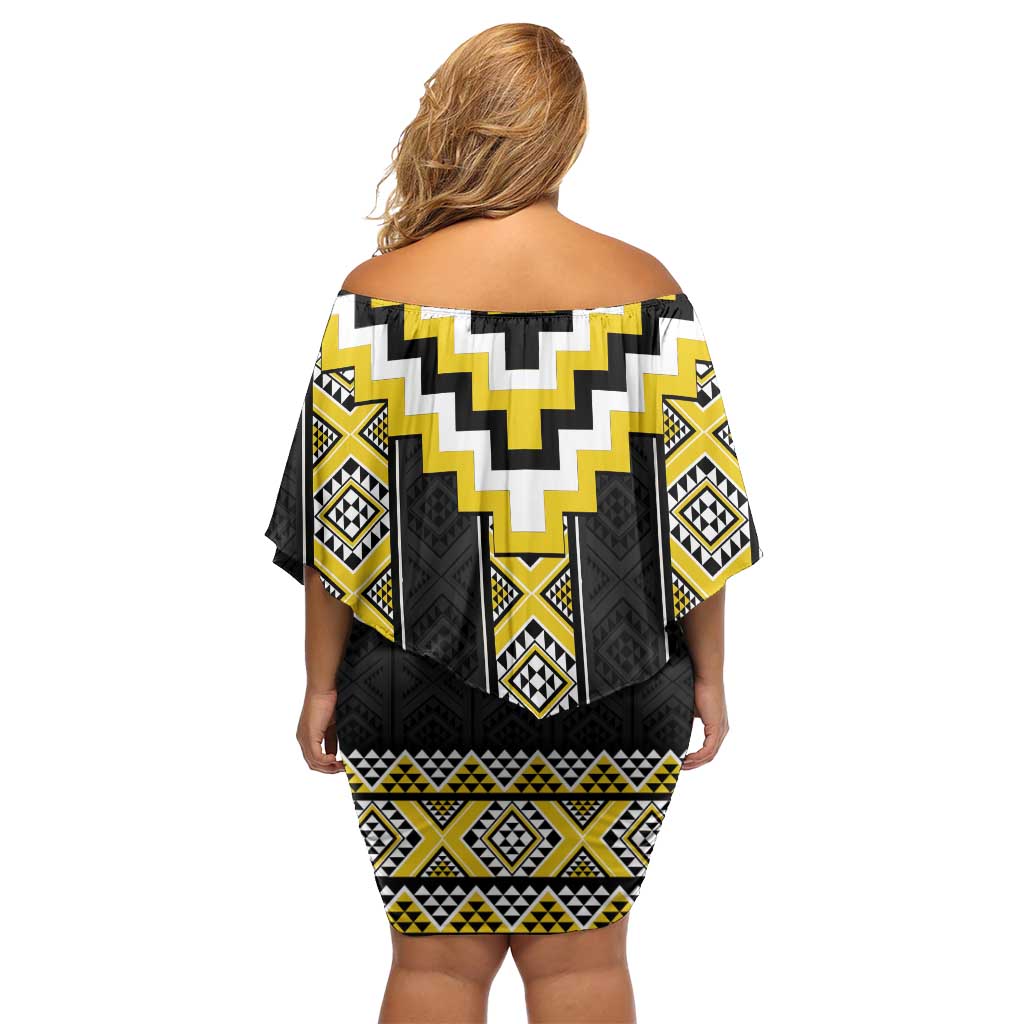 Yellow Taniko Aotearoa Off Shoulder Short Dress Niho Taniwha Mix Poutama