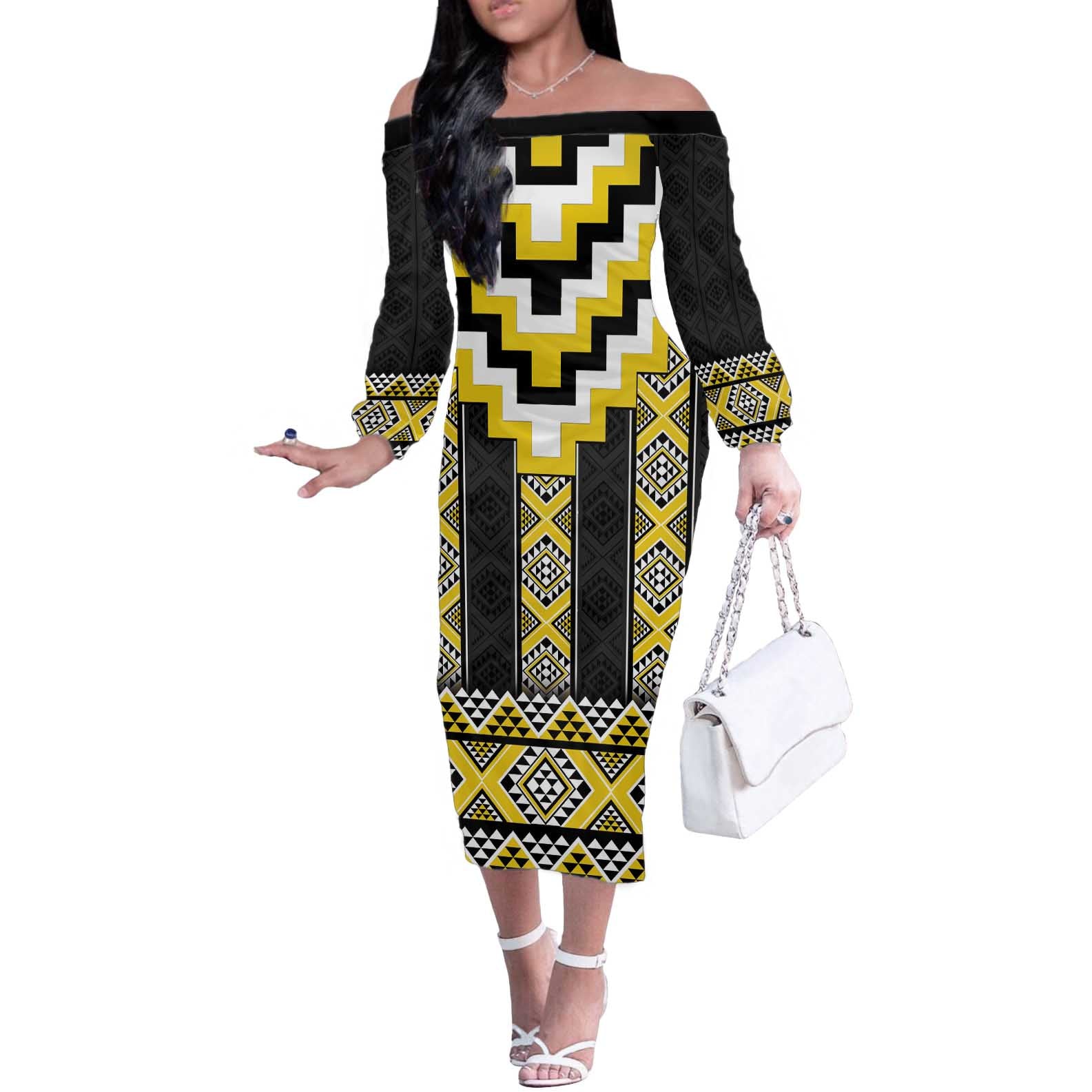 Yellow Taniko Aotearoa Off The Shoulder Long Sleeve Dress Niho Taniwha Mix Poutama