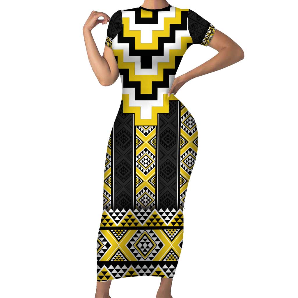 Yellow Taniko Aotearoa Short Sleeve Bodycon Dress Niho Taniwha Mix Poutama