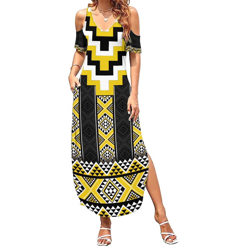 Yellow Taniko Aotearoa Summer Maxi Dress Niho Taniwha Mix Poutama