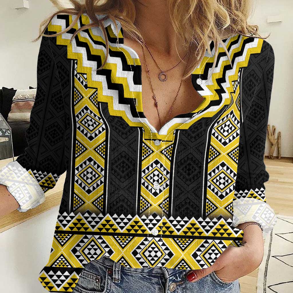 Yellow Taniko Aotearoa Women Casual Shirt Niho Taniwha Mix Poutama - Vibe Hoodie Shop