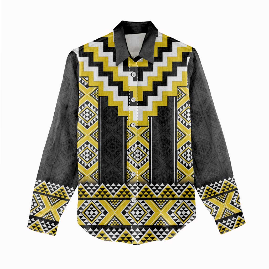 Yellow Taniko Aotearoa Women Casual Shirt Niho Taniwha Mix Poutama - Vibe Hoodie Shop