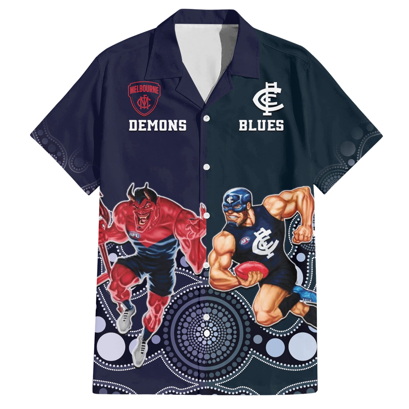 Demons And Blues Football Hawaiian Shirt Melbourne And Calrton Mascots Aboriginal Art - Vibe Hoodie Shop