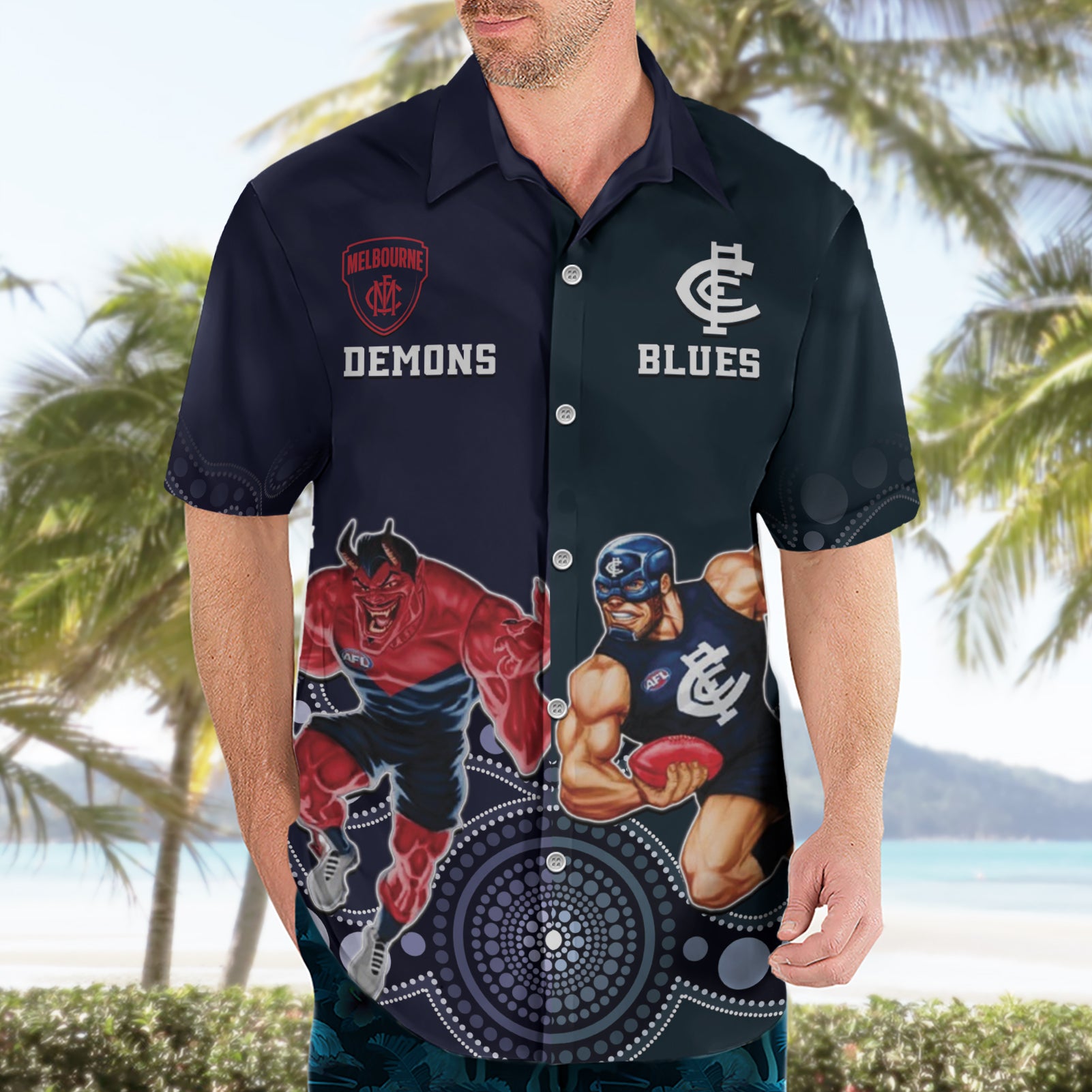 Demons And Blues Football Hawaiian Shirt Melbourne And Calrton Mascots Aboriginal Art - Vibe Hoodie Shop