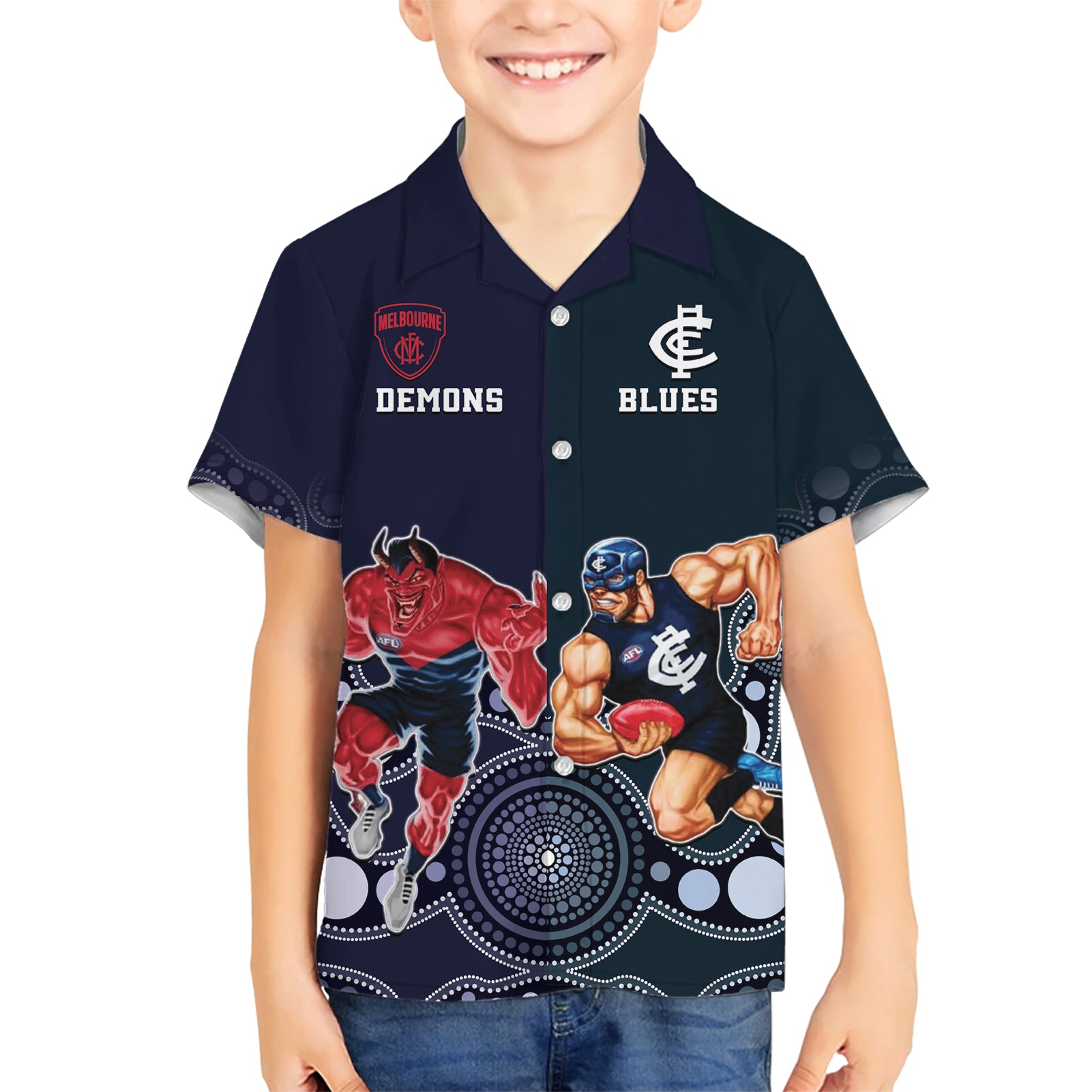 Demons And Blues Football Hawaiian Shirt Melbourne And Calrton Mascots Aboriginal Art - Vibe Hoodie Shop