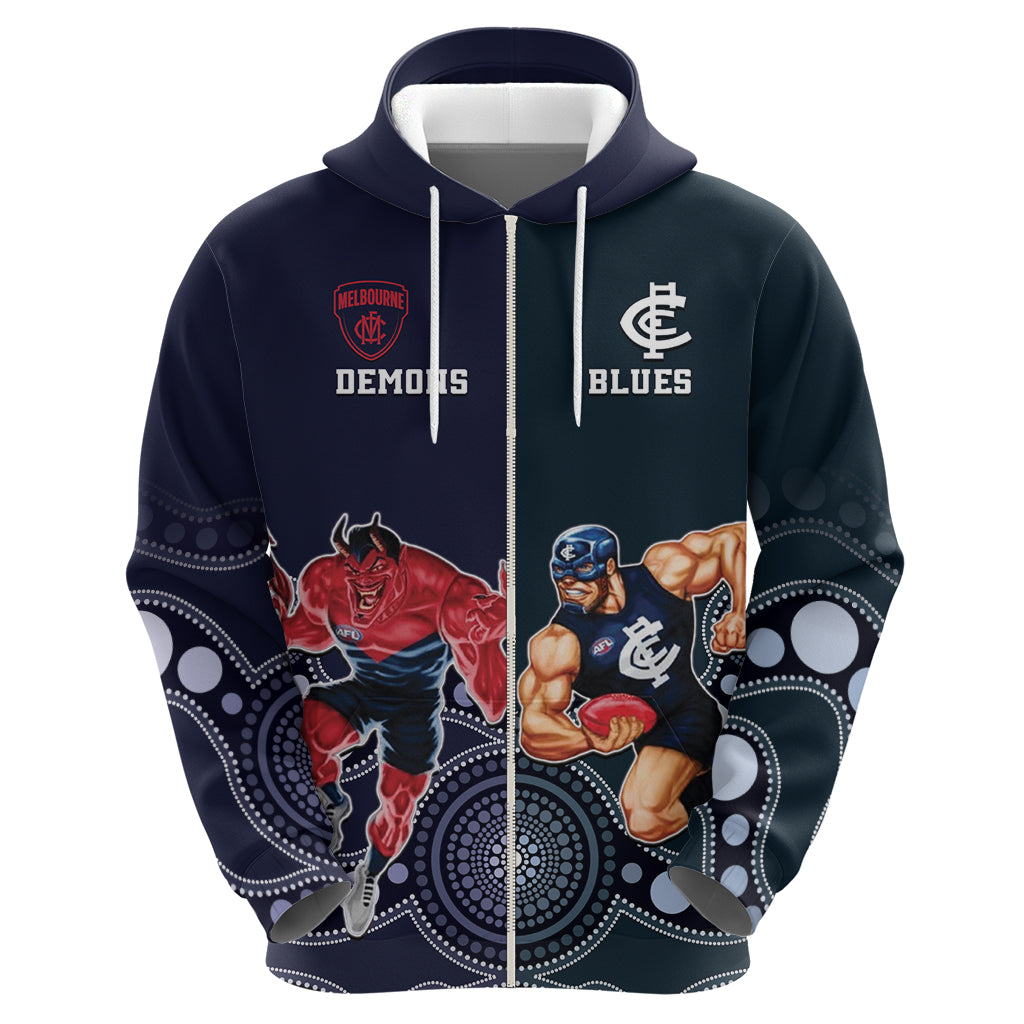 Demons And Blues Football Hoodie Melbourne And Calrton Mascots Aboriginal Art - Vibe Hoodie Shop