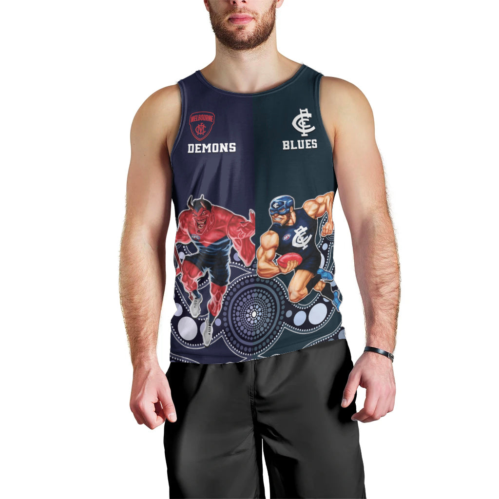 Demons And Blues Football Men Tank Top Melbourne And Calrton Mascots Aboriginal Art - Vibe Hoodie Shop