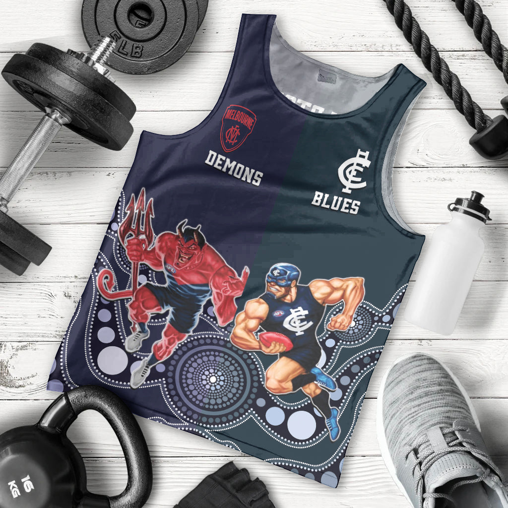 Demons And Blues Football Men Tank Top Melbourne And Calrton Mascots Aboriginal Art - Vibe Hoodie Shop
