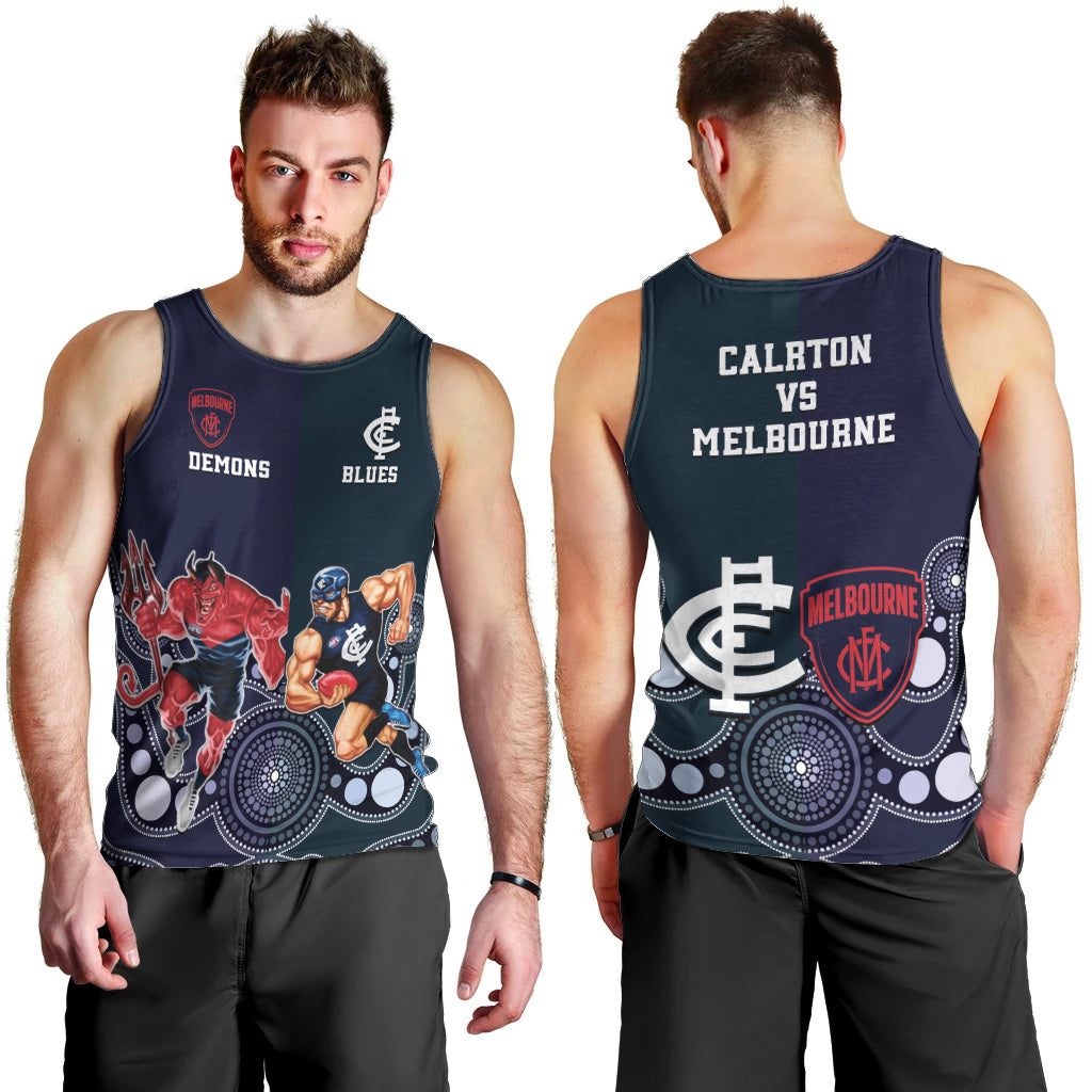 Demons And Blues Football Men Tank Top Melbourne And Calrton Mascots Aboriginal Art - Vibe Hoodie Shop
