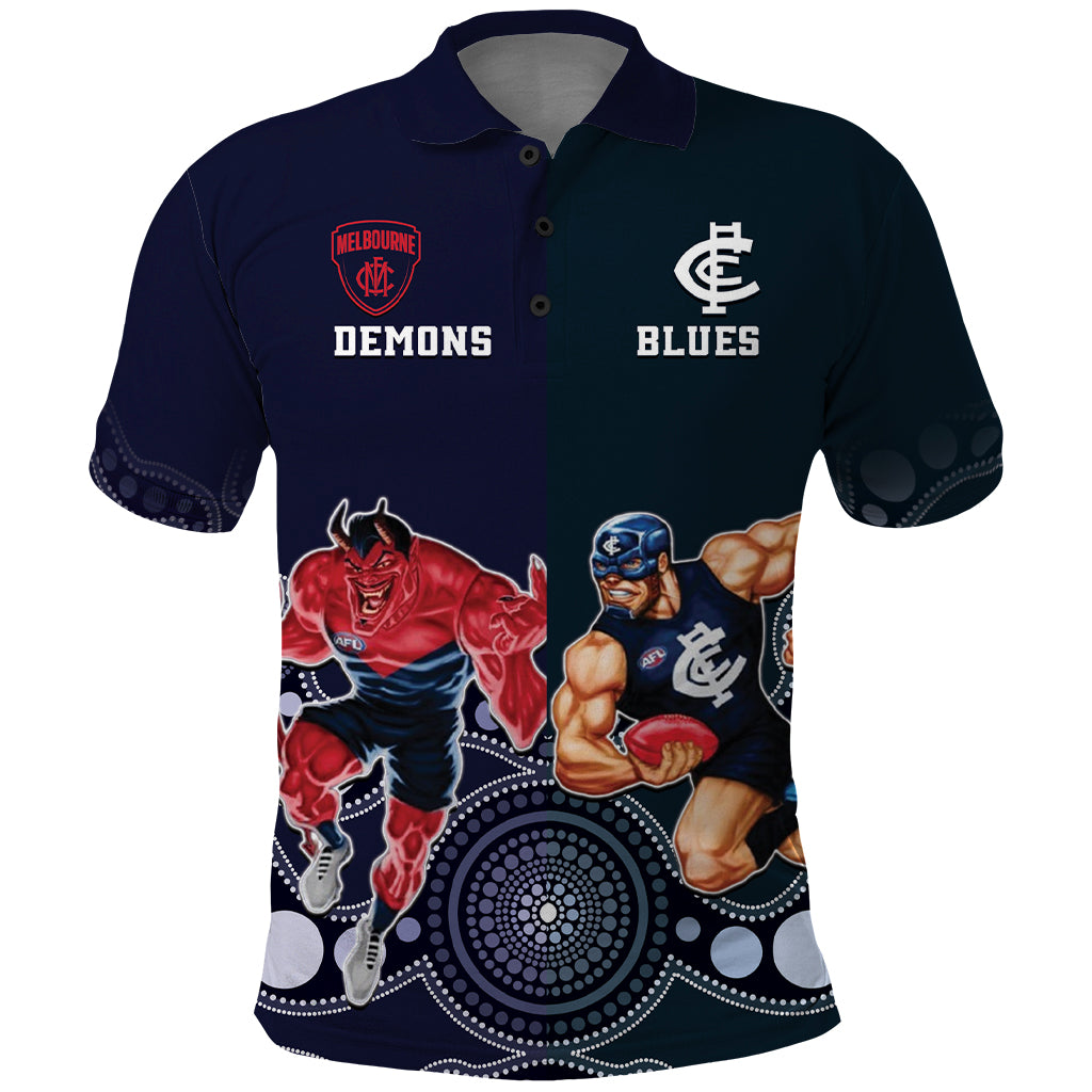 Demons And Blues Football Polo Shirt Melbourne And Calrton Mascots Aboriginal Art - Vibe Hoodie Shop
