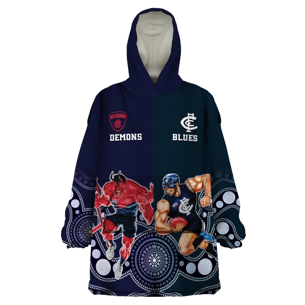 Demons And Blues Football Wearable Blanket Hoodie Melbourne And Calrton Mascots Aboriginal Art - Vibe Hoodie Shop