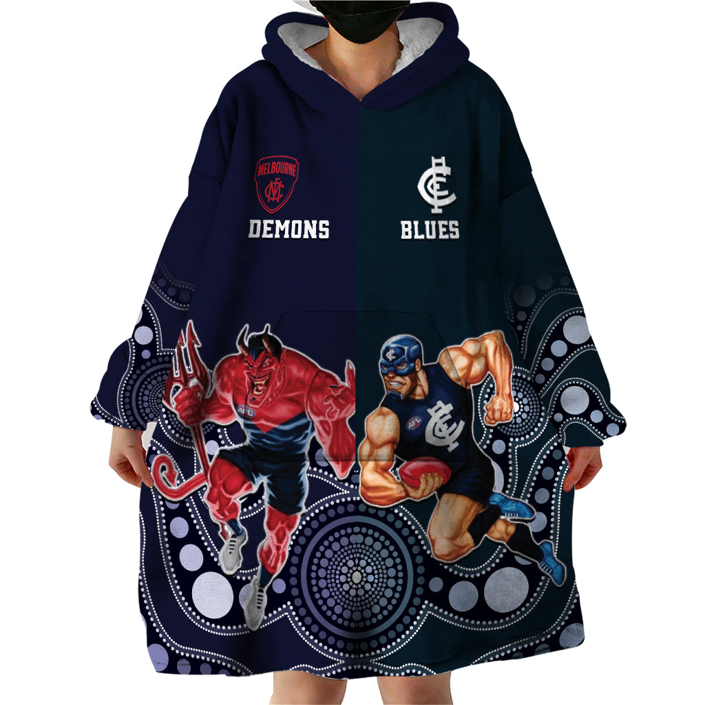 Demons And Blues Football Wearable Blanket Hoodie Melbourne And Calrton Mascots Aboriginal Art - Vibe Hoodie Shop