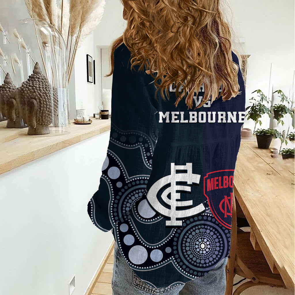 Demons And Blues Football Women Casual Shirt Melbourne And Calrton Mascots Aboriginal Art - Vibe Hoodie Shop