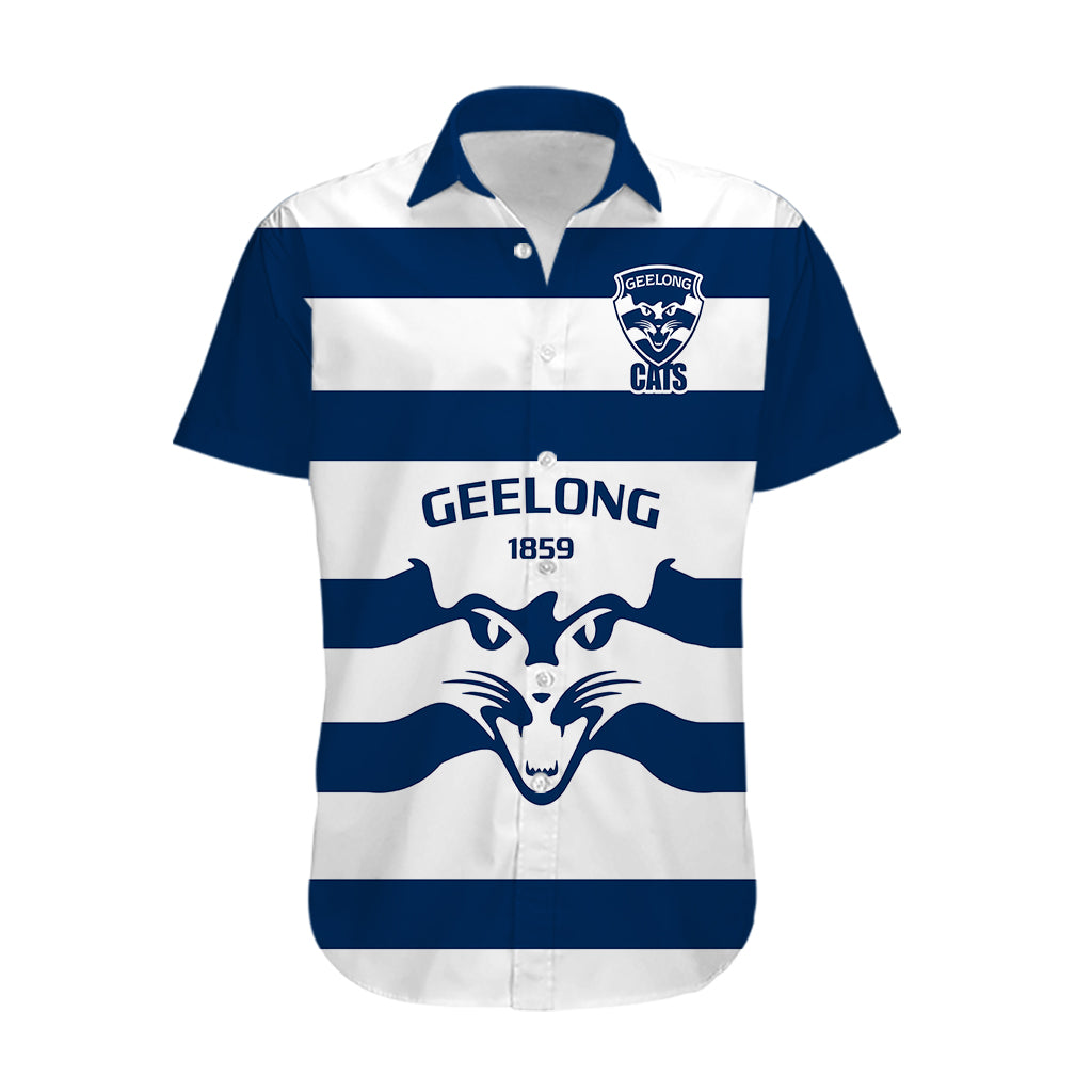 Personalised Geelong Football 2023 Hawaiian Shirt Go Cats White Sporty Style - Vibe Hoodie Shop