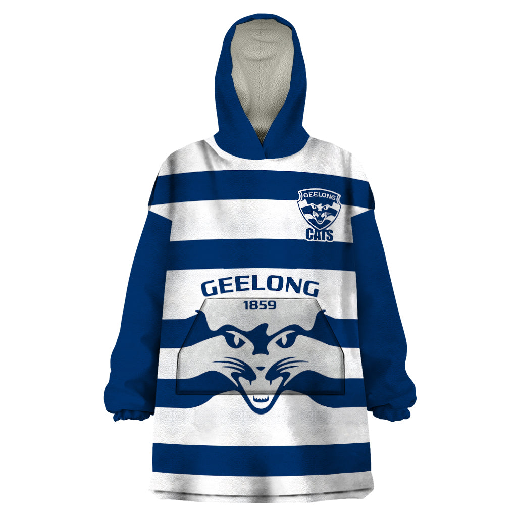 Personalised Geelong Football 2023 Wearable Blanket Hoodie Go Cats White Sporty Style - Vibe Hoodie Shop