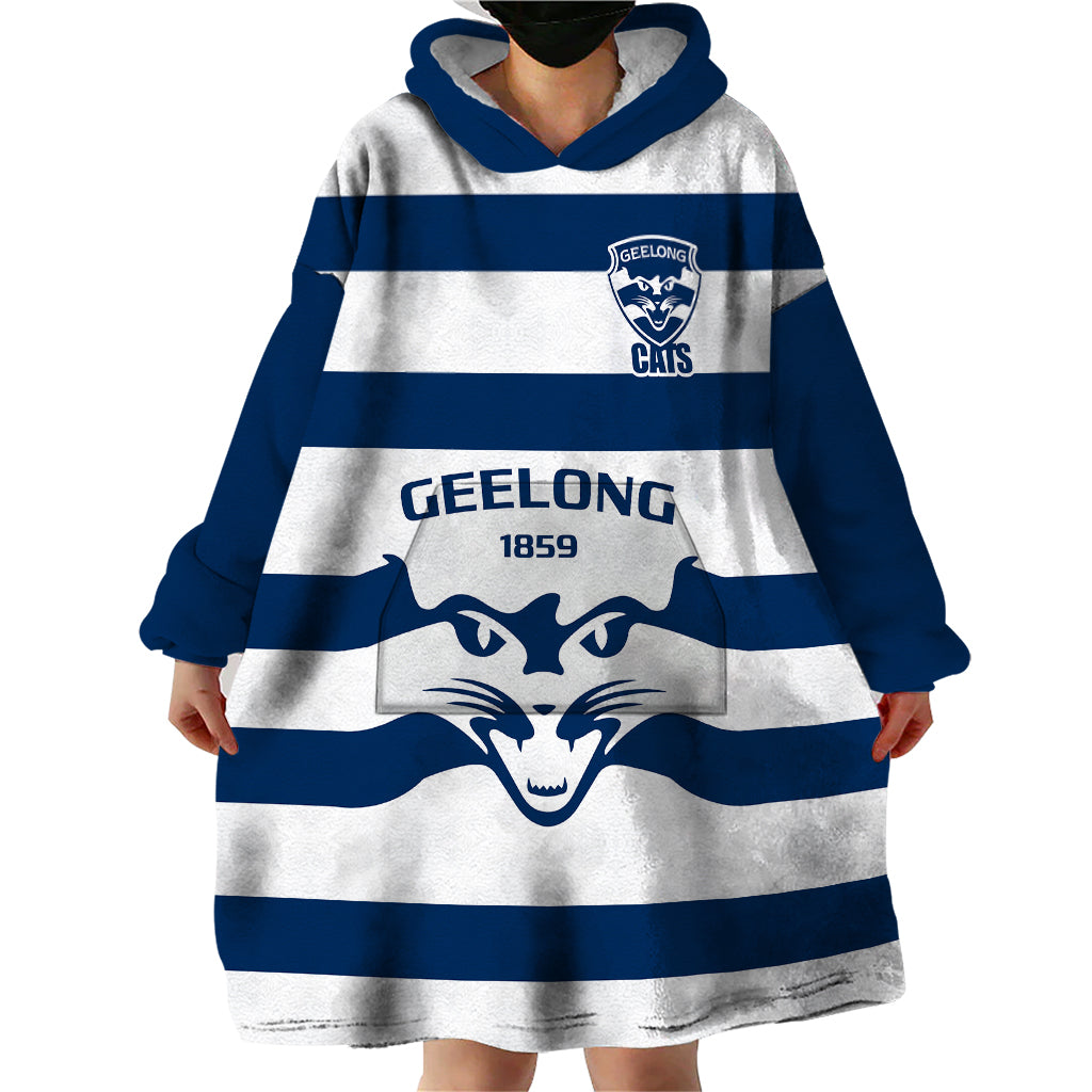 Personalised Geelong Football 2023 Wearable Blanket Hoodie Go Cats White Sporty Style - Vibe Hoodie Shop