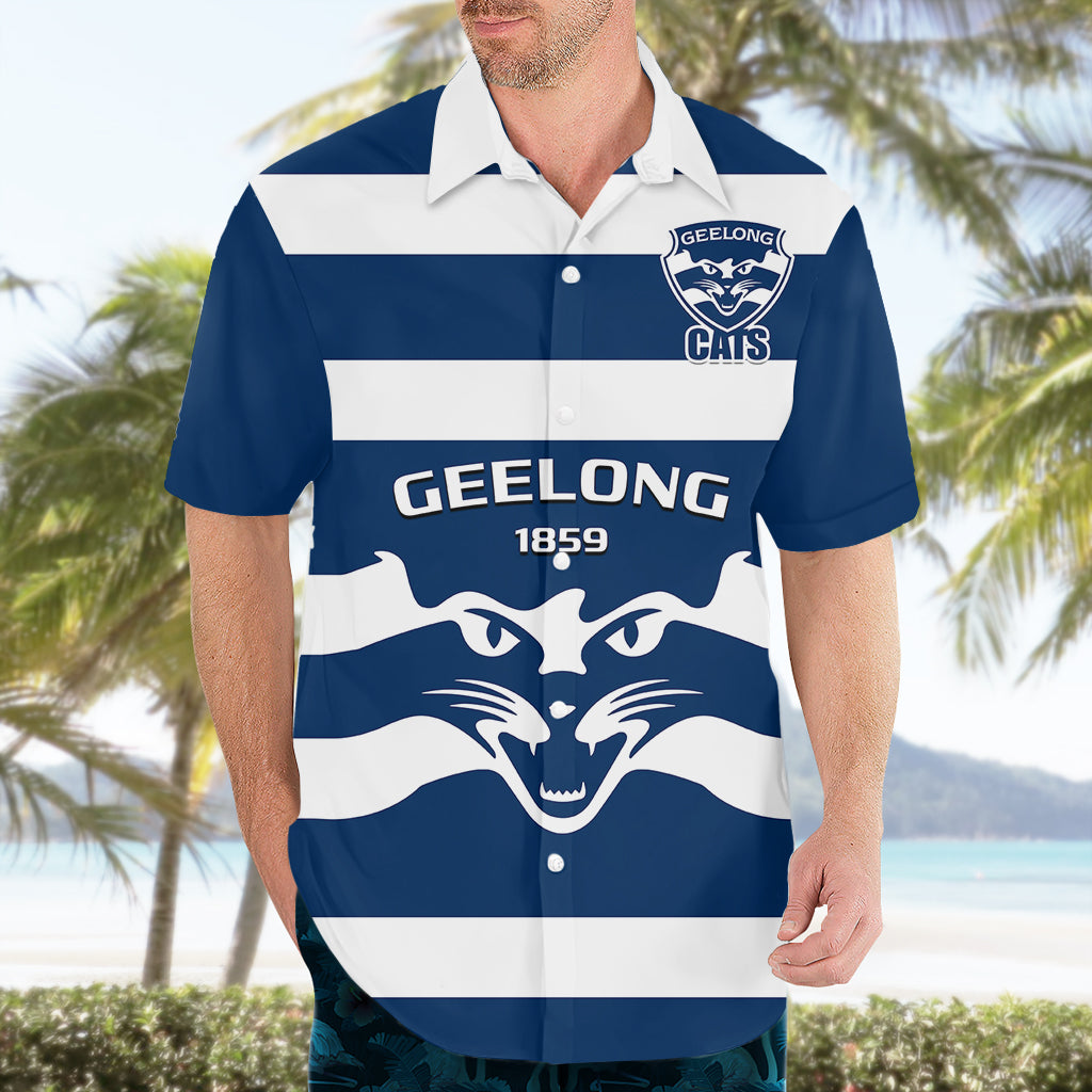 Geelong Football 2023 Hawaiian Shirt Go Cats Navy Blue Sporty Style - Vibe Hoodie Shop