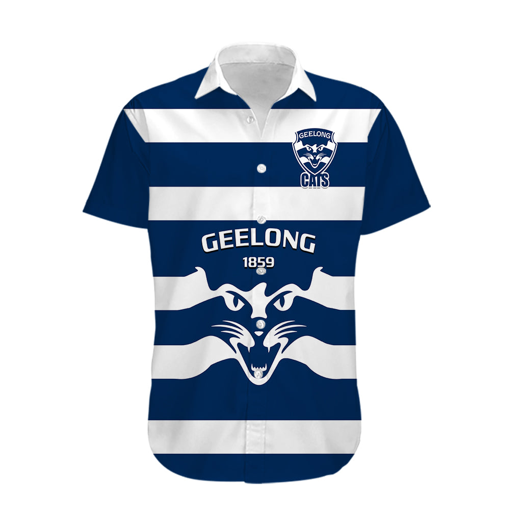 Personalised Geelong Football 2023 Hawaiian Shirt Go Cats Navy Blue Sporty Style - Vibe Hoodie Shop