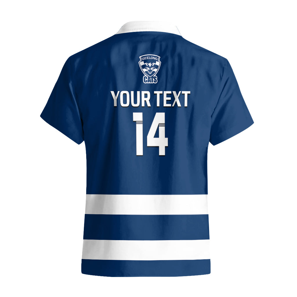 Personalised Geelong Football 2023 Hawaiian Shirt Go Cats Navy Blue Sporty Style - Vibe Hoodie Shop