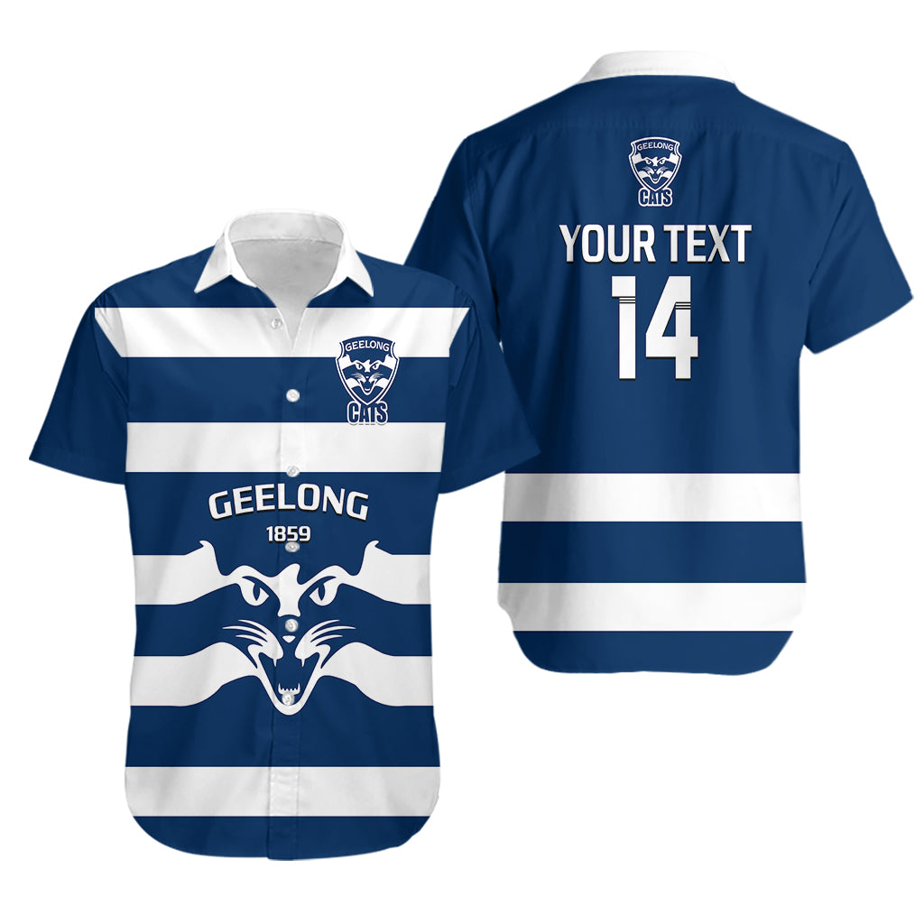 Personalised Geelong Football 2023 Hawaiian Shirt Go Cats Navy Blue Sporty Style - Vibe Hoodie Shop